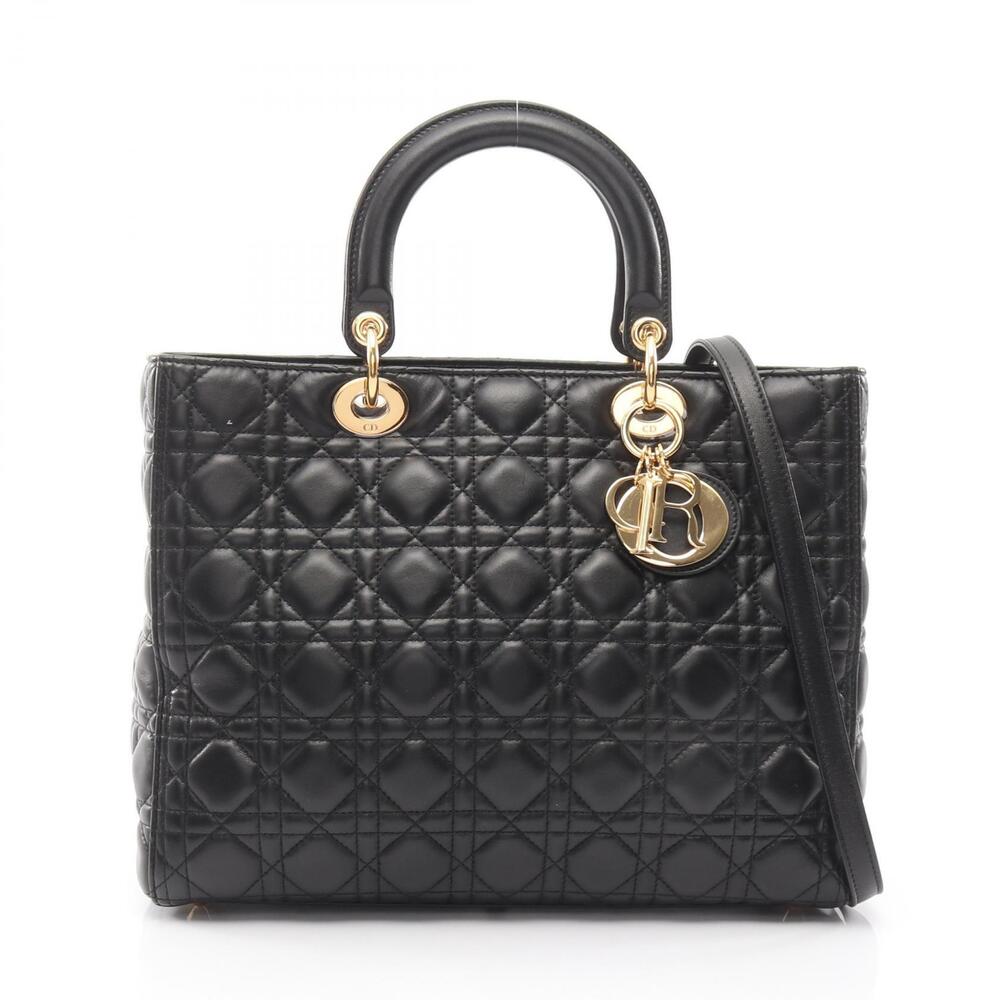 Christian Dior Lady Cannage Handbag Leather Black